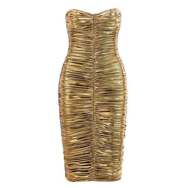 Gold Ruched Strapless Dress - IBADDIE