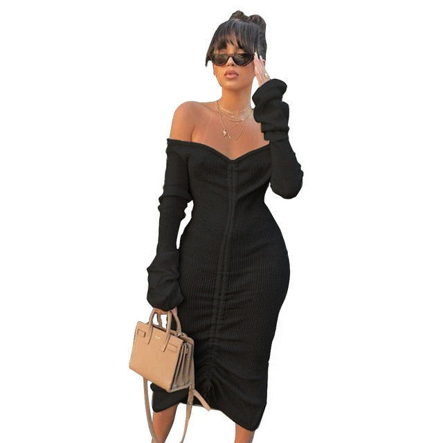 Drawstring Mid Calf Cozy Dress - IBADDIE