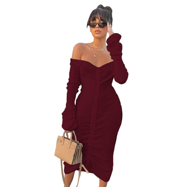 Drawstring Mid Calf Cozy Dress - IBADDIE