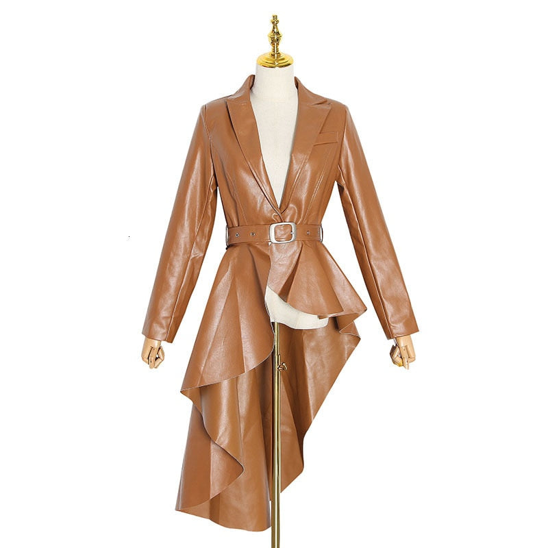 PU Leather Asymmetric Trench Jacket