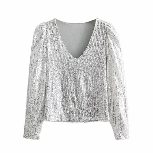 Silver Sequined Puff Sleeve Top