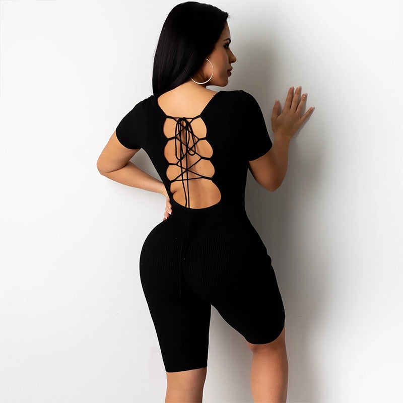 Ribbed Crisscross Open Back Romper