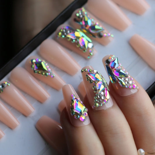 Nude Crystal Butterfly Nails