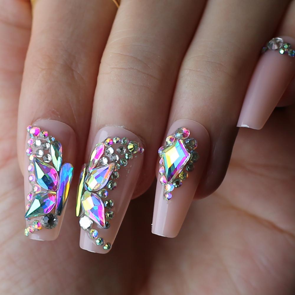 Nude Crystal Butterfly Nails