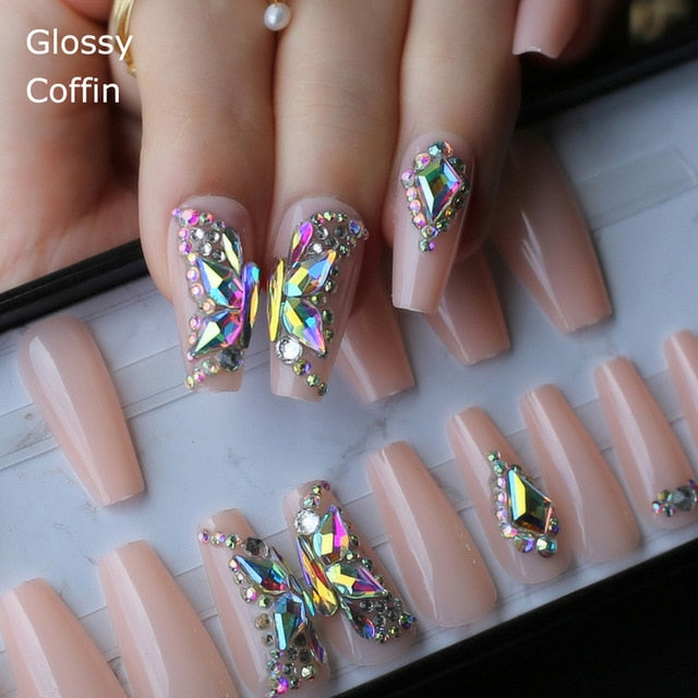 Nude Crystal Butterfly Nails