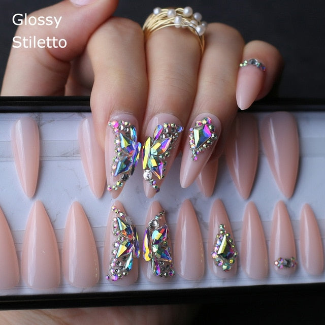 Nude Crystal Butterfly Nails