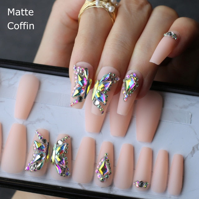 Nude Crystal Butterfly Nails