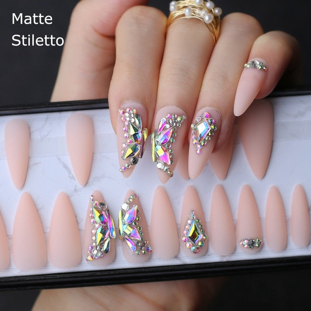 Nude Crystal Butterfly Nails