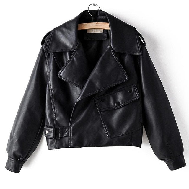 Faux Leather Wide Collar Moto Jacket