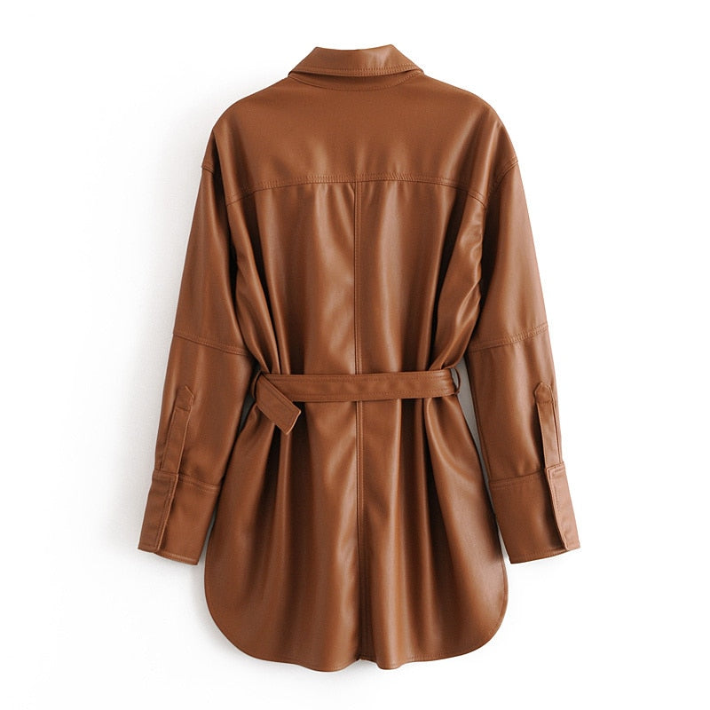 Brown PU Leather Trun Down Collar Jacket