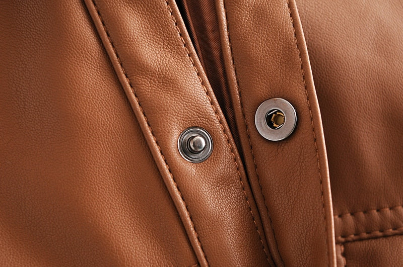 Brown PU Leather Trun Down Collar Jacket