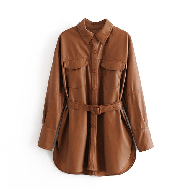 Brown PU Leather Trun Down Collar Jacket