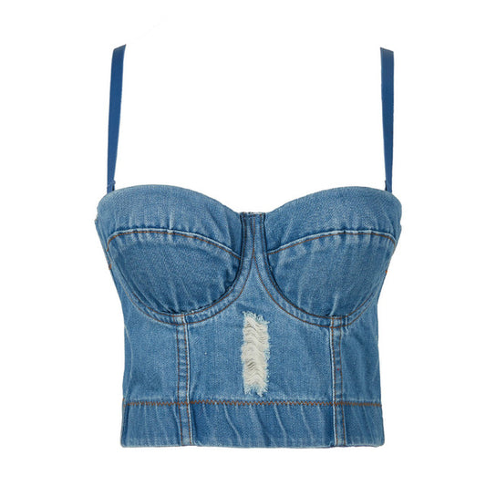 Distressed Denim Crop Top - IBADDIE