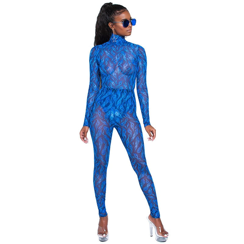 Blue Sheer Long Sleeve Jumpsuit - IBADDIE