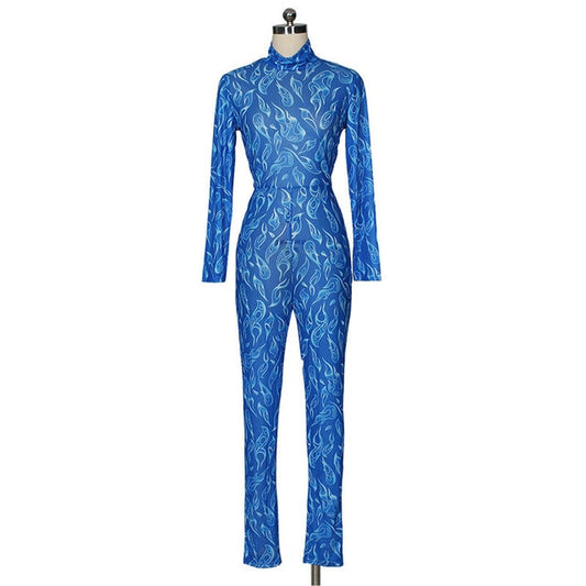 Blue Sheer Long Sleeve Jumpsuit - IBADDIE