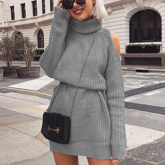 Knitted Cold Shoulder Sweater Dress - IBADDIE