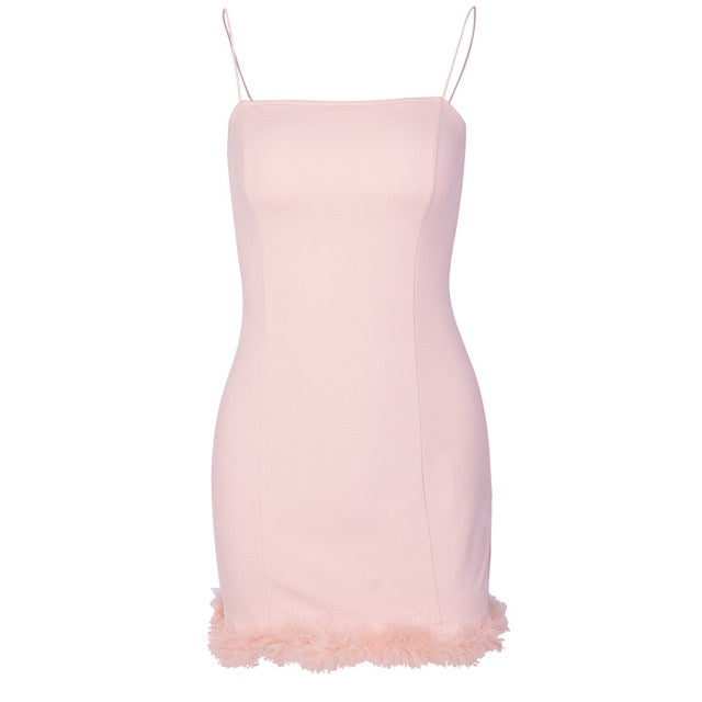 Spaghetti Strap Fur Bottom Mini Dress - IBADDIE