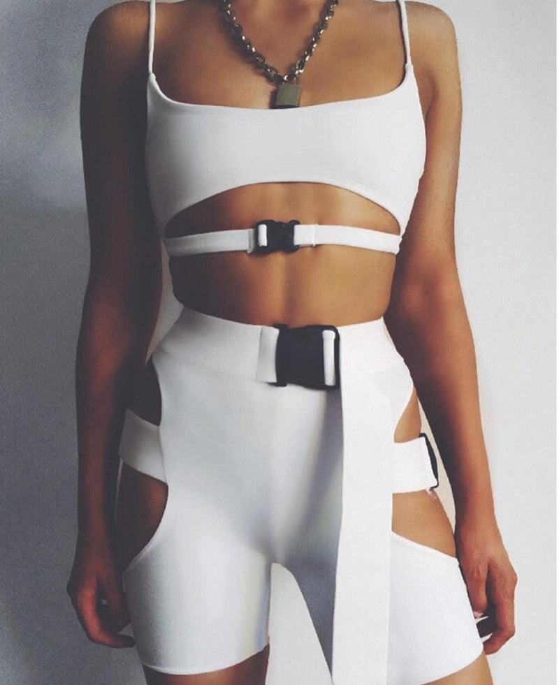 Crop Top Buckle Styled Biker Short  Set - IBADDIE