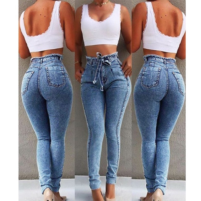 High Waist Belted Skinny Jeans - IBADDIE