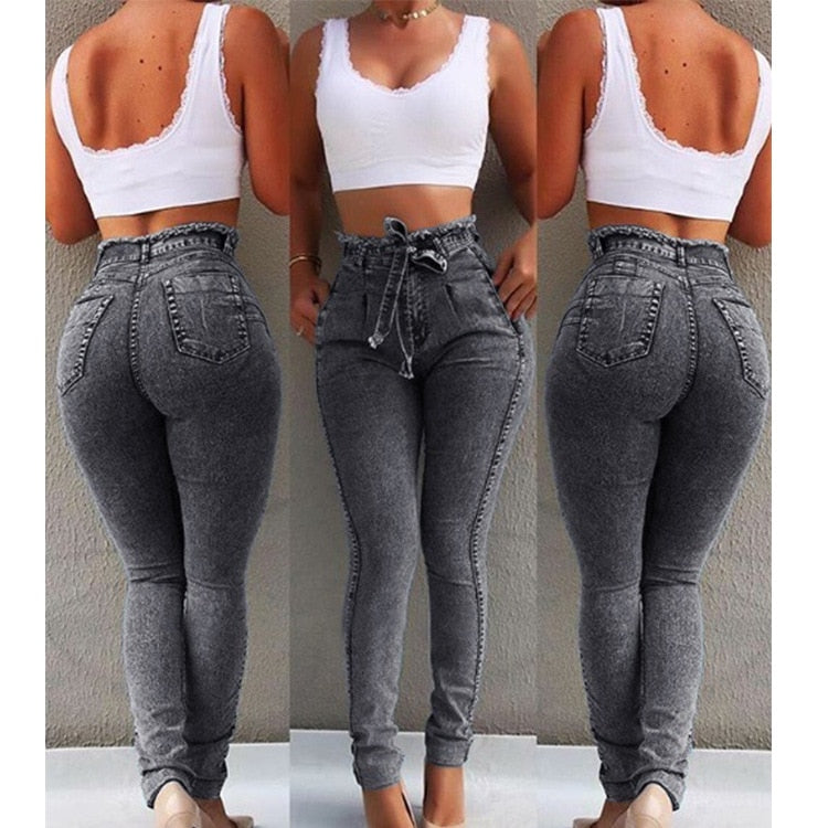 High Waist Belted Skinny Jeans - IBADDIE