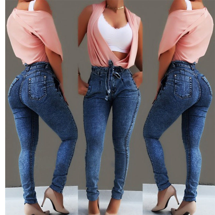 High Waist Belted Skinny Jeans - IBADDIE