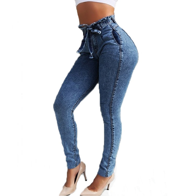 High Waist Belted Skinny Jeans - IBADDIE