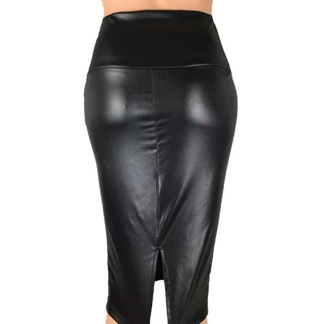 High Waist Faux Leather Skirt Black Back - IBADDIE