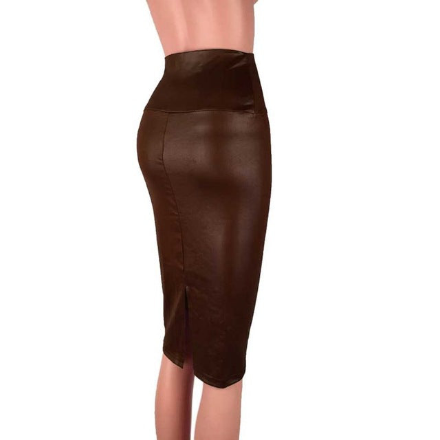 High Waist Faux Leather Skirt Auburn - IBADDIE